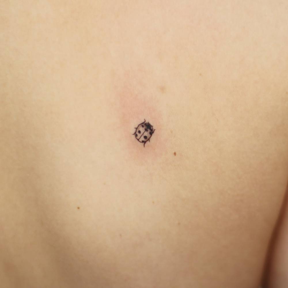Minimalistic ladybug tattoo located on the shoulder blade.