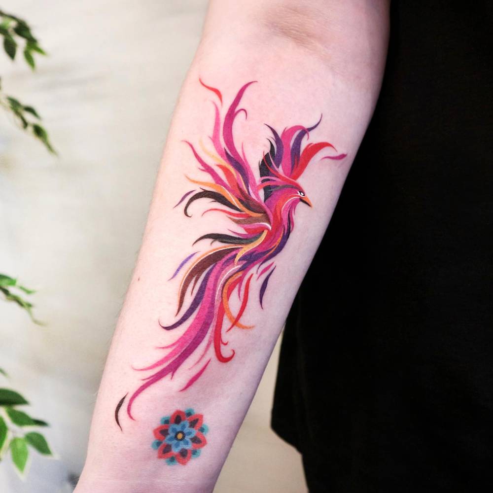 Phoenix tattoo in illustrative style located on the inner forearm.