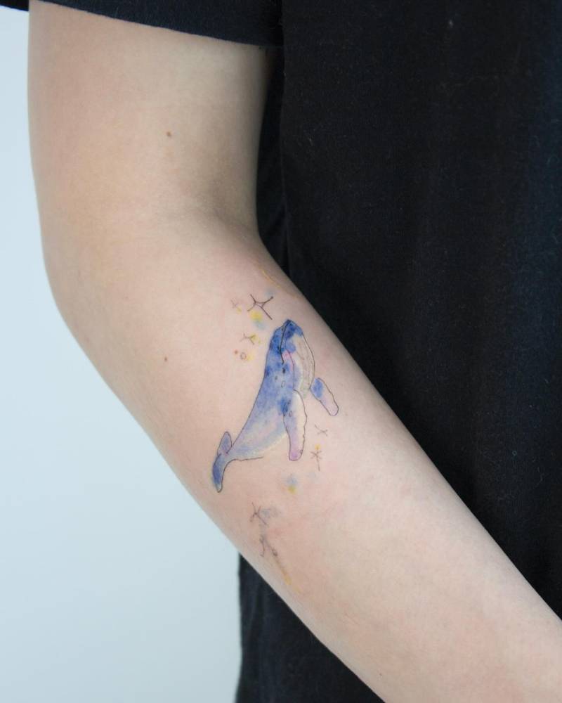 Watercolor style whale tattoo placed on the forearm.