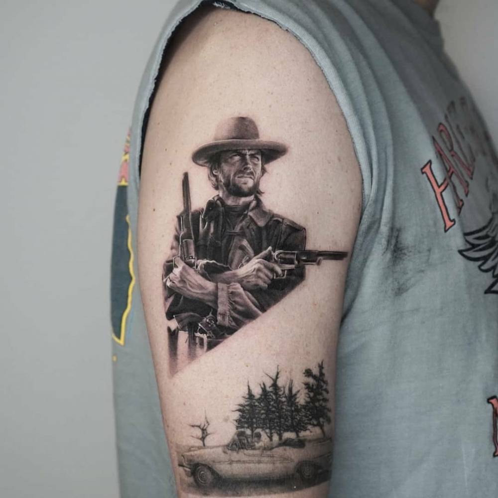 Clint Eastwood as The Outlaw Josey Wales tattooed on the upper arm