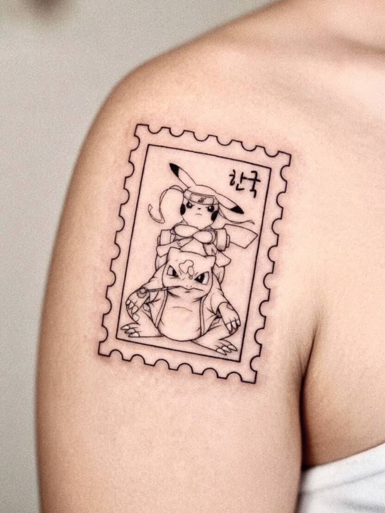 Cartoon style Pikachu and Bulbasaur stamp tattoo located on the shoulder.