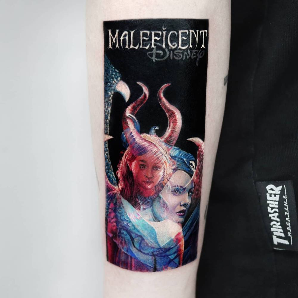 Maleficent tattoo in micro-realistic style located on the forearm.
