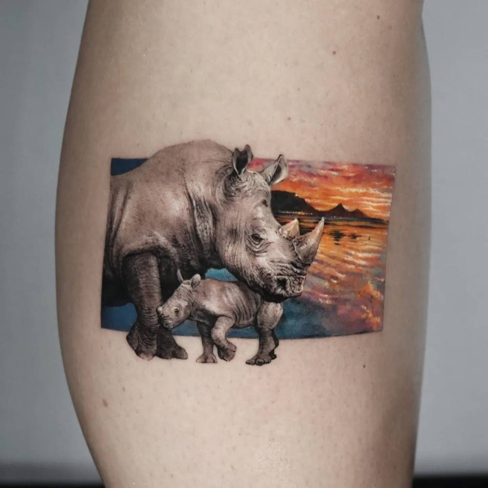 Micro-realistic style rhino family tattoo located on the calf.
