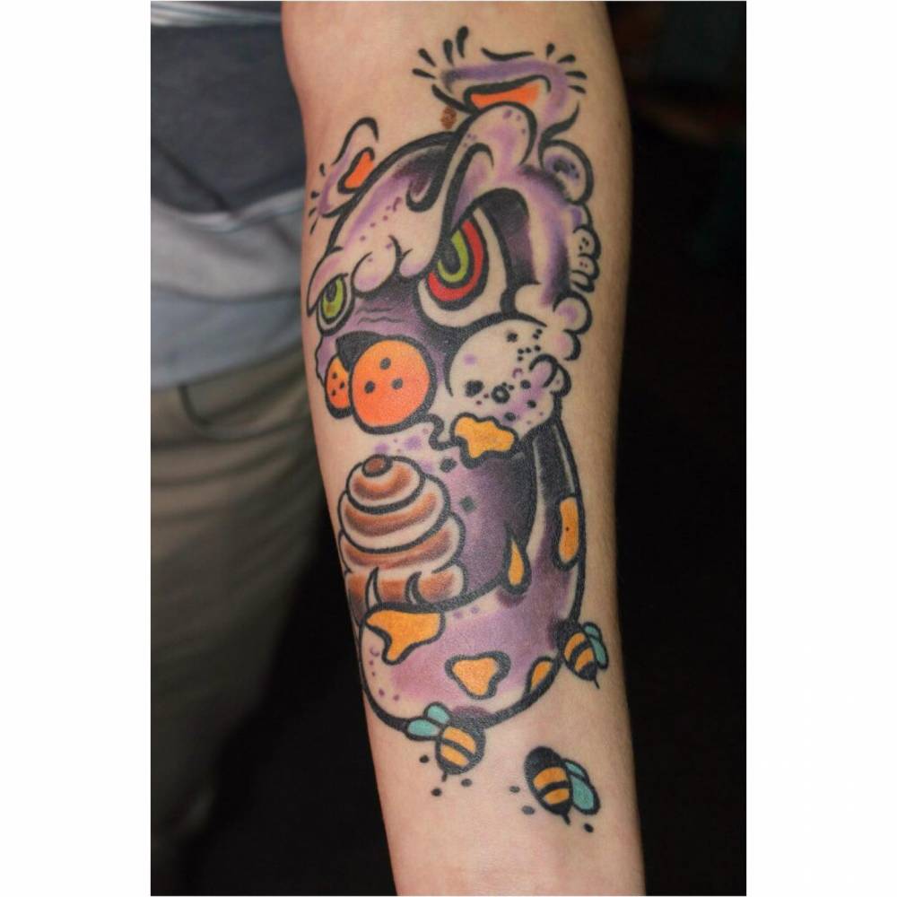 Bulldog portrait tattoo located on the inner forearm, new school style.