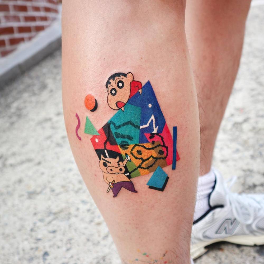 Pop art style Shin-Chan tattoo located on the calf.