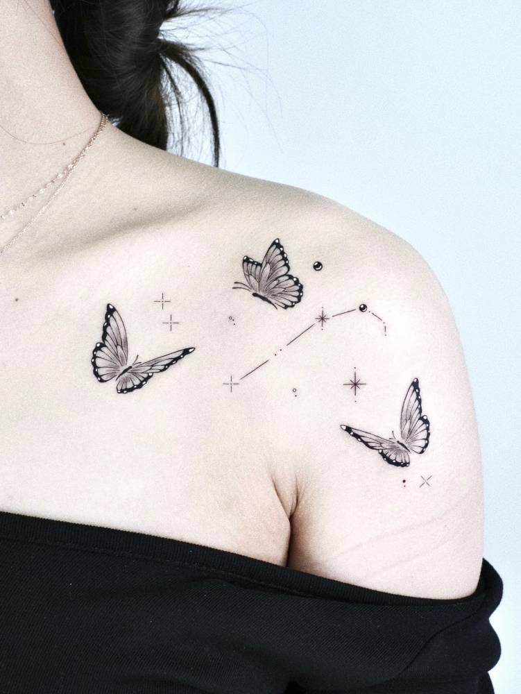 Butterfly trio and Aries constellation tattoo in illustrative style.