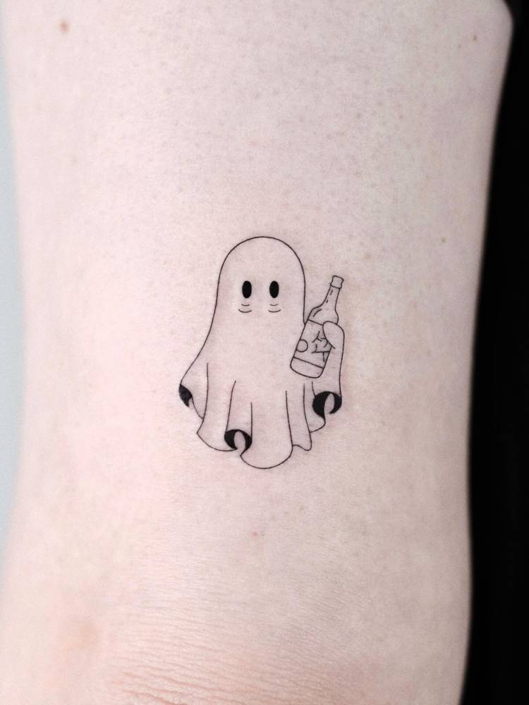 Ghost holding soju tattooed on the tricep, cartoon style.