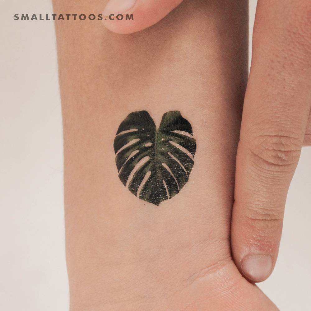 Micro-realistic style monstera deliciosa leaf temporary tattoo.