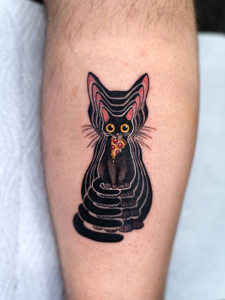 Trippy cat tattoo located on the calf, pop art style.