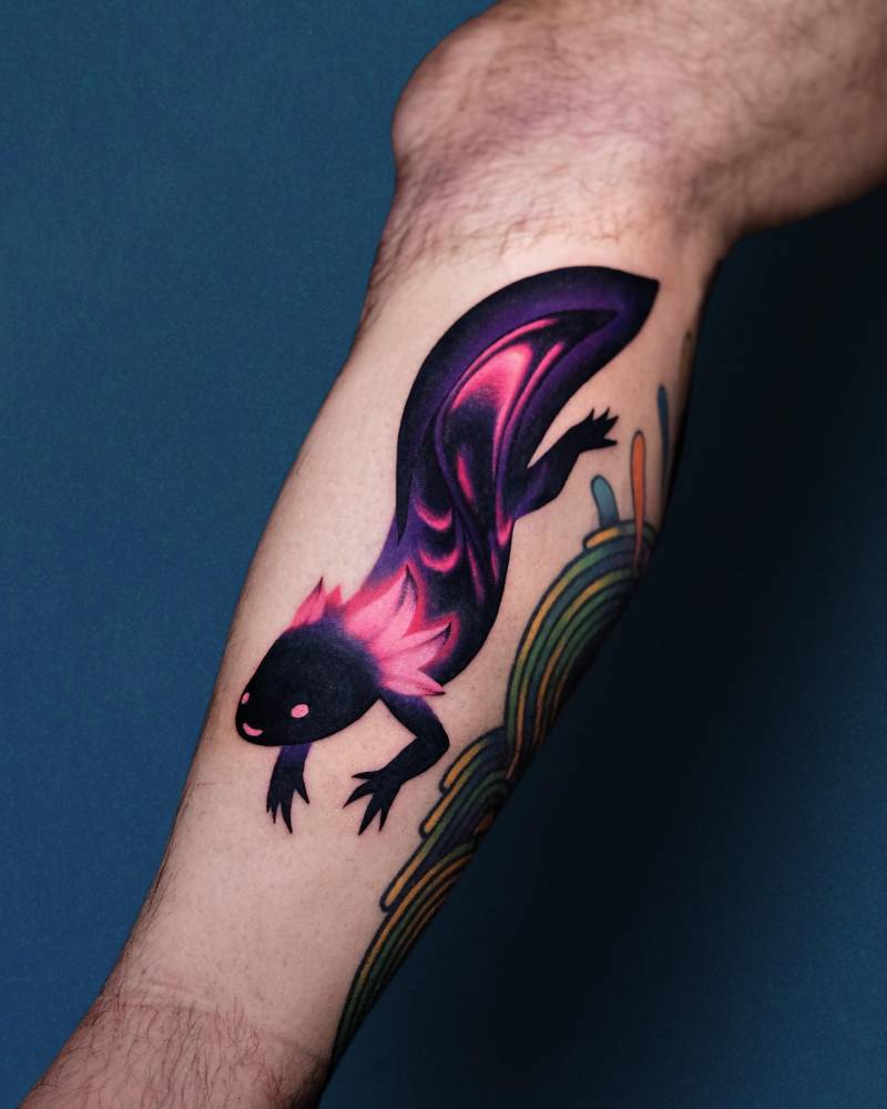 Neon Salamander tattoo located on the calf.