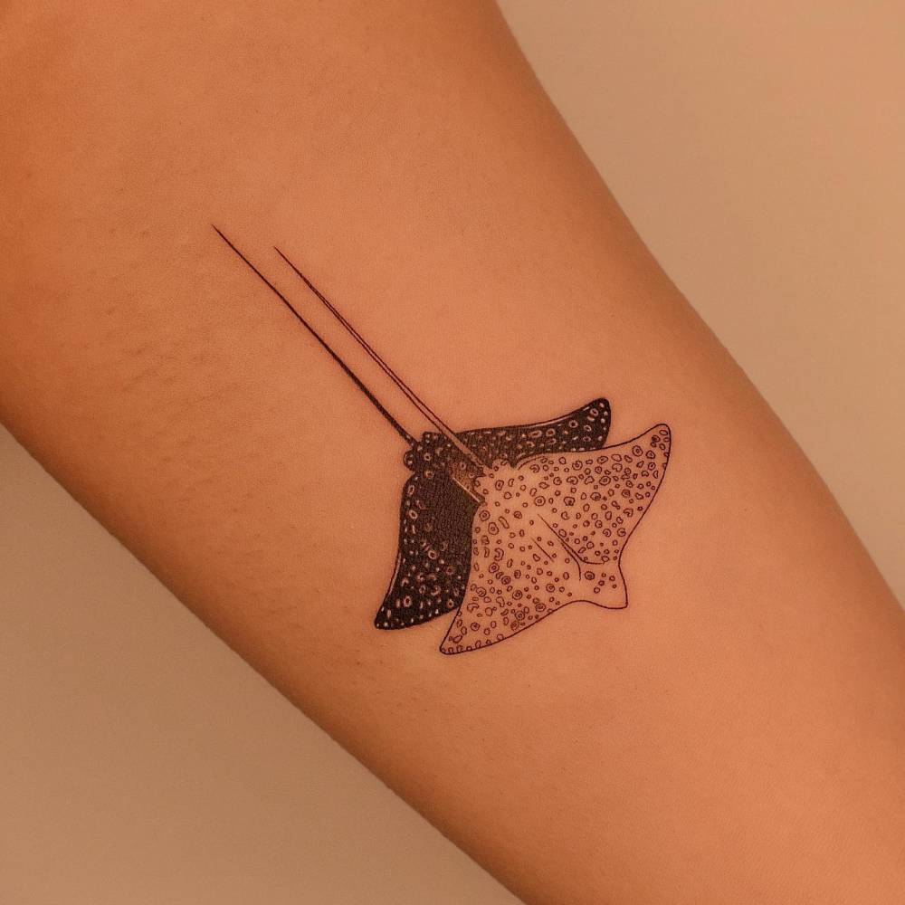 Illustrative style white-spotted eagle ray tattoo located on the inner arm.