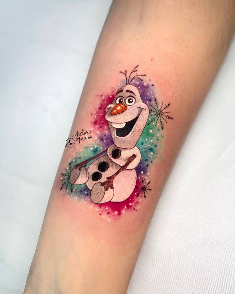 Cartoon style Olaf tattoo located on the inner forearm.