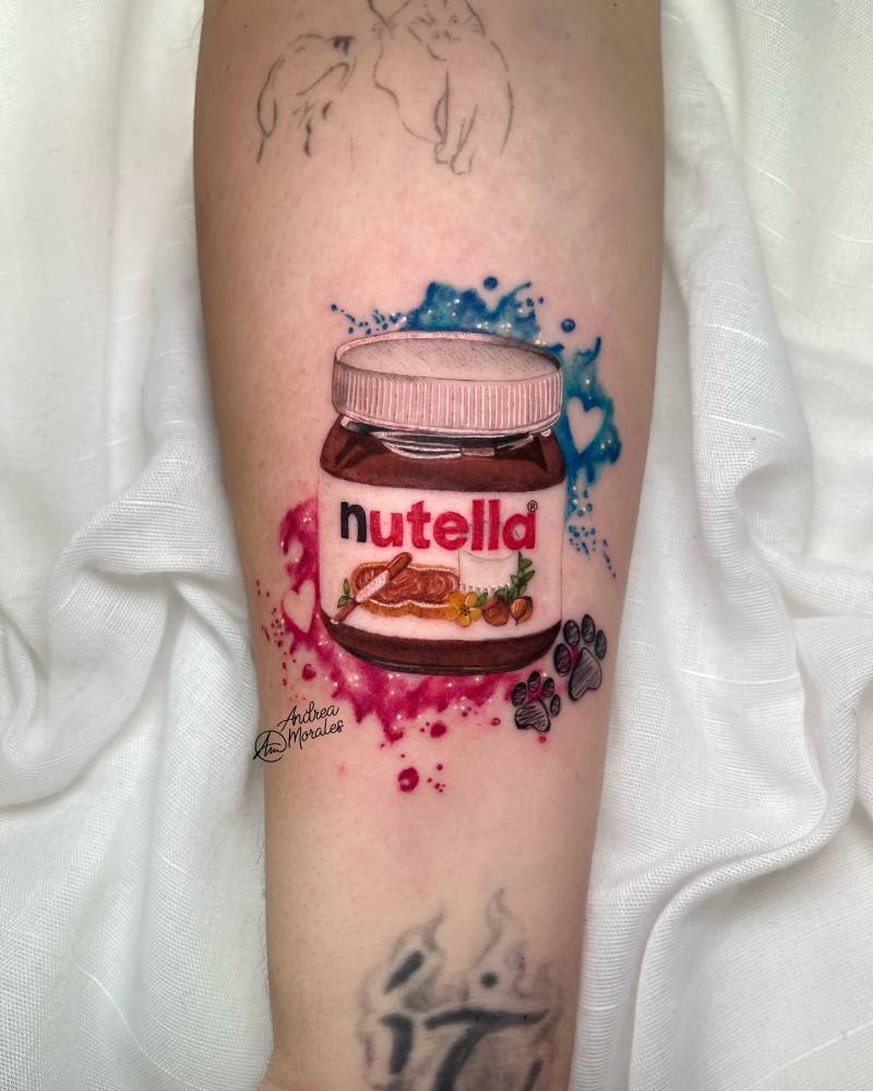 Micro-realistic style Nutella tattoo done on the inner forearm.