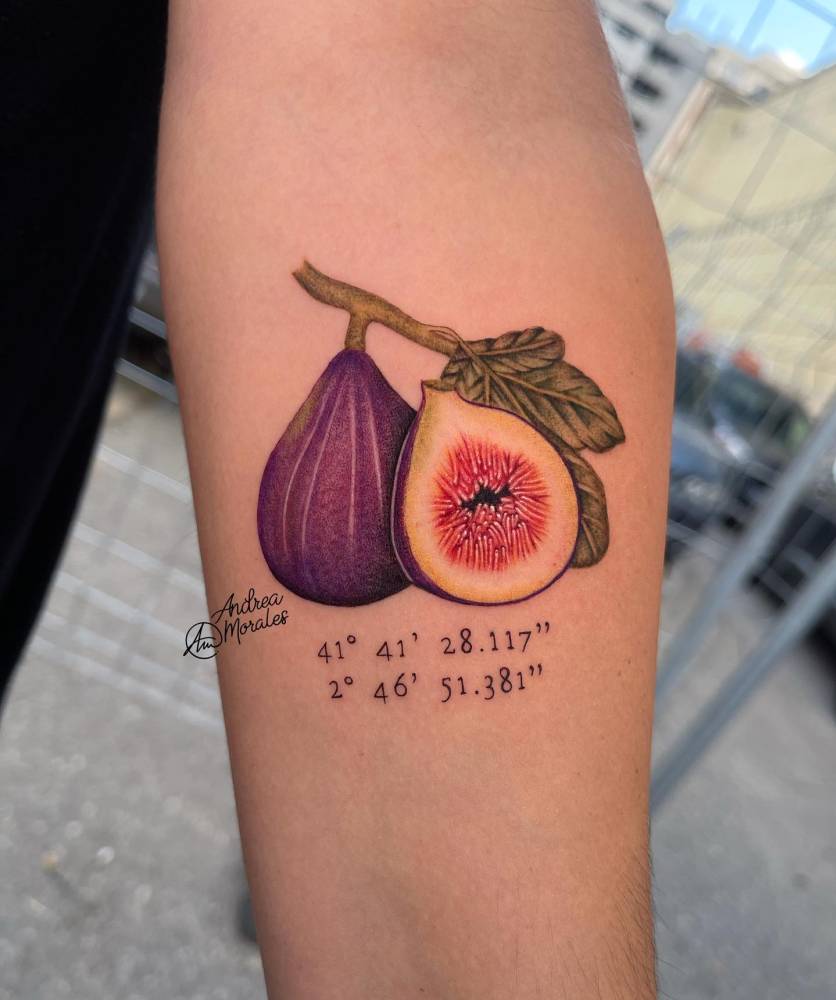 Fig and coordinates in micro-realism tattooed on the inner forearm.
