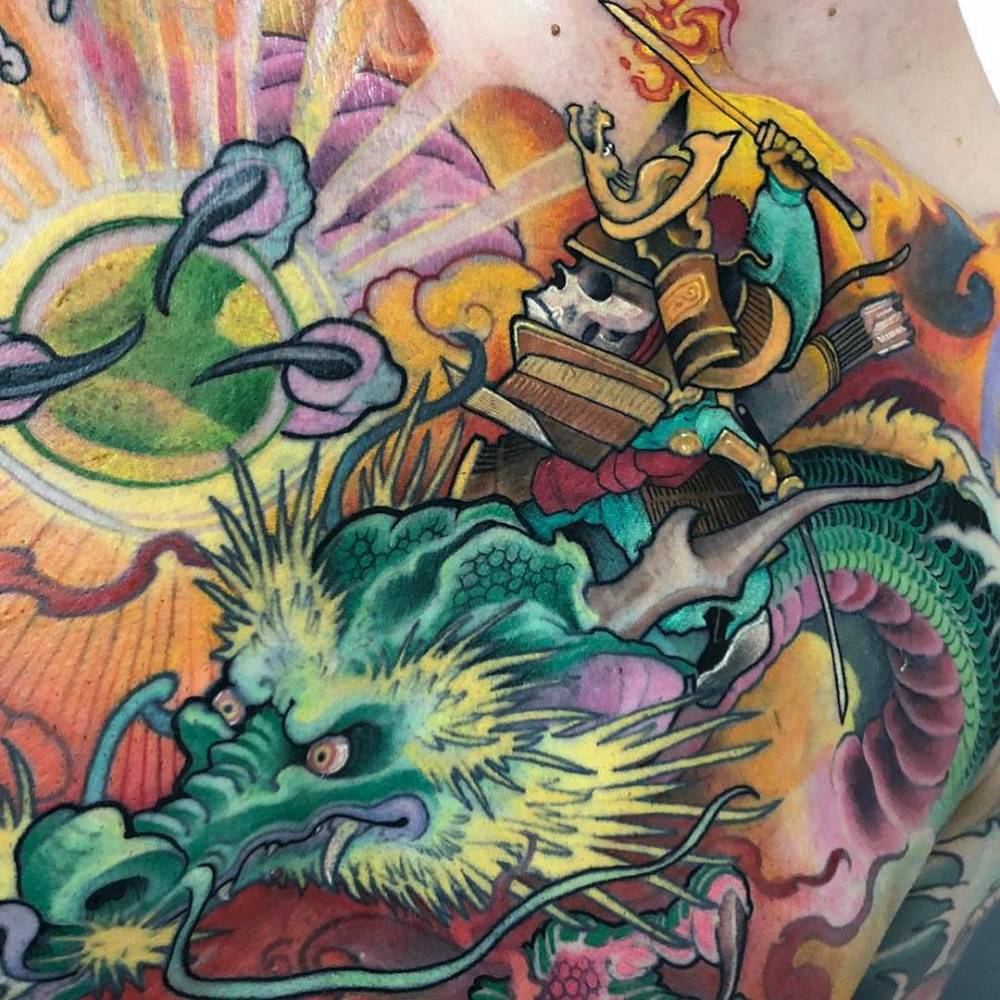 Neo Japanese dragon tattoo on the chest.