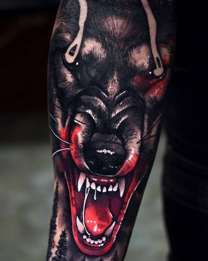 Realistic wolf portrait tattoo on the inner forearm.