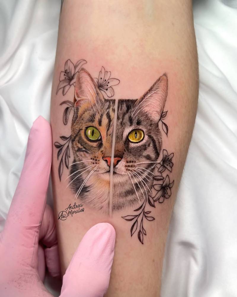 Cats portrait tattoo located on the inner forearm, micro-realistic style.