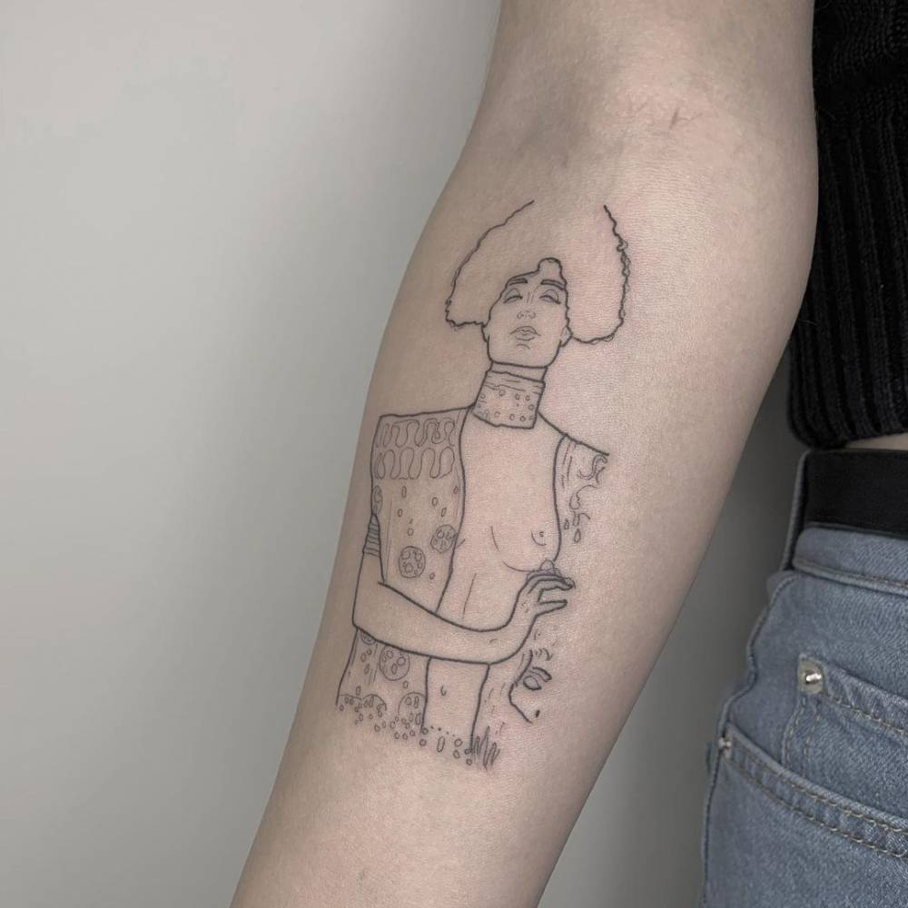 Line Art "Judit I" tattoo on the inner arm - original artwork by Gustav Klimt.