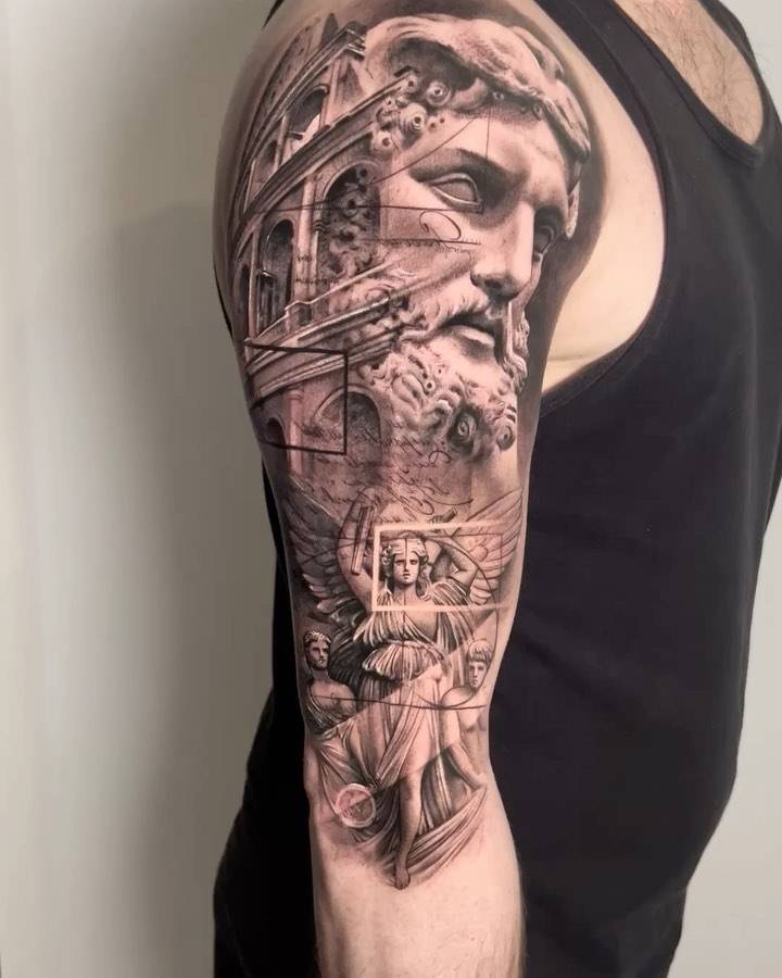 Hercules themed half sleeve tattoo in black and frey style.