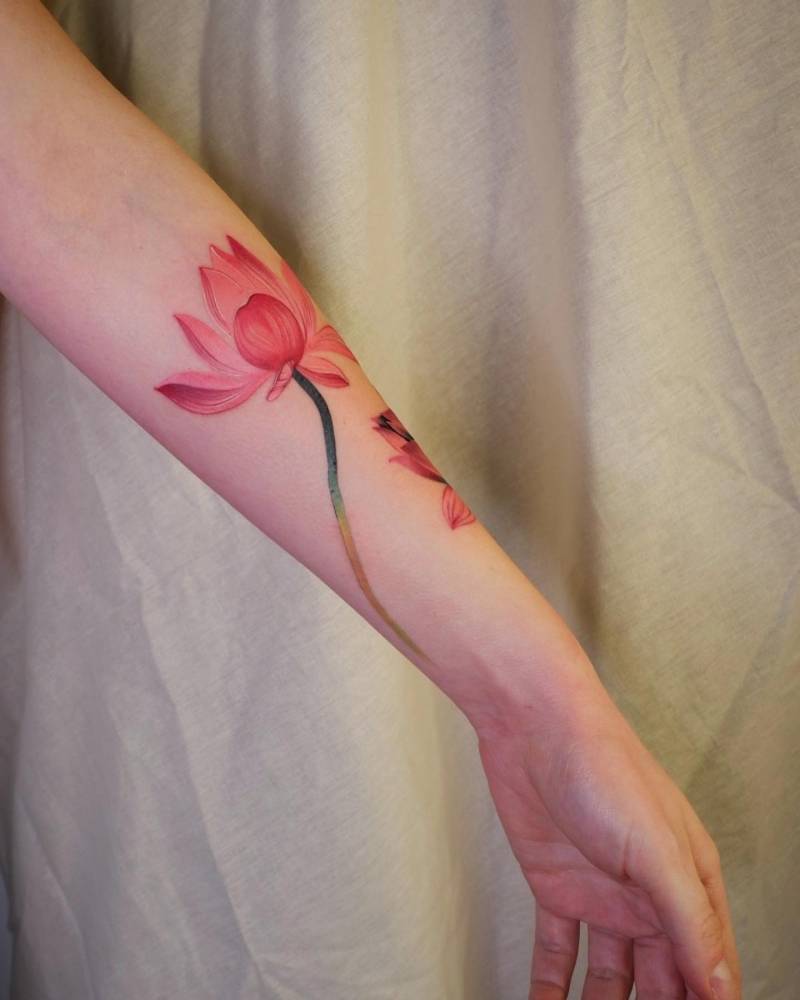 Watercolor style lotus flowers tattooed on the forearm.