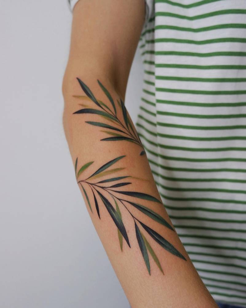 Watercolor style willow leaves tattooed on the forearm.