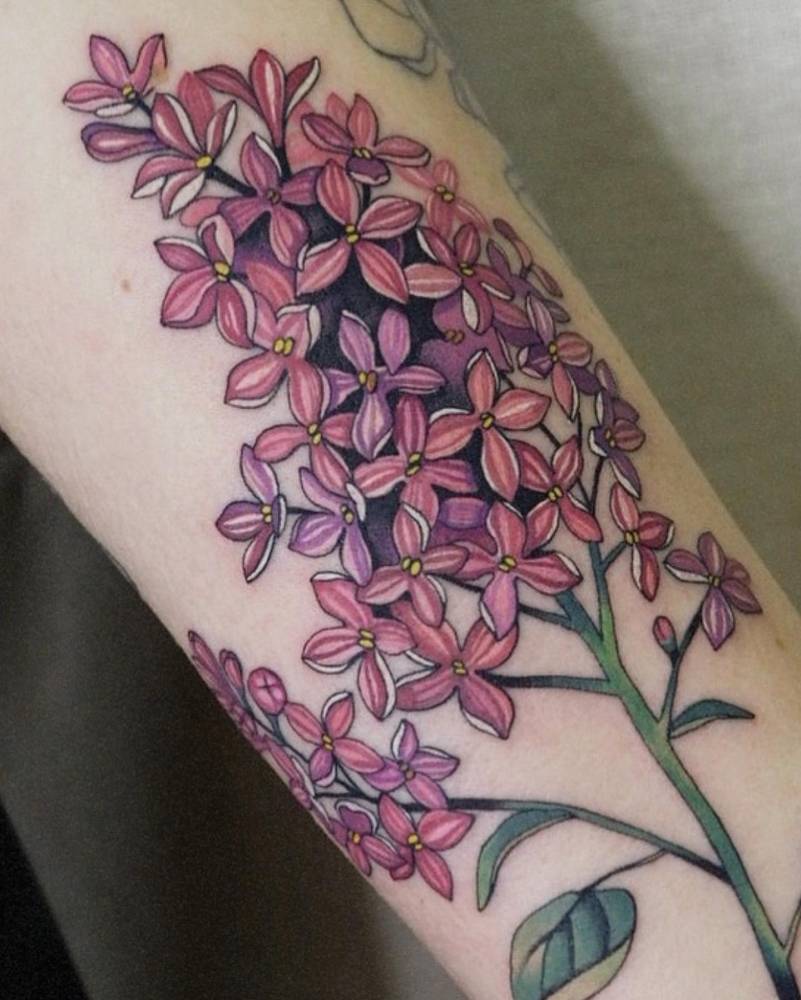 Lilac flower tattoo located on the inner forearm, illustrative style.