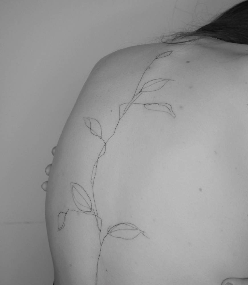 Leaves tattoo located on the back, sketch work style.