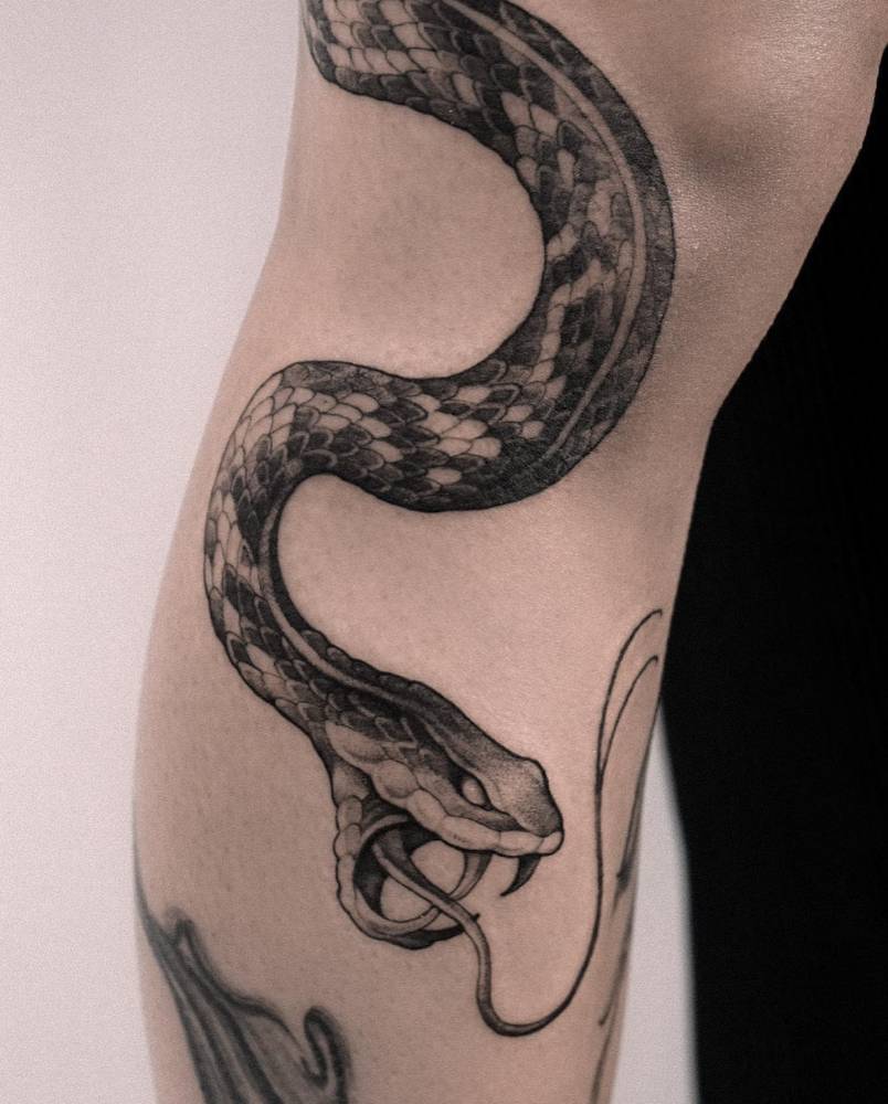 Huge snake tattoo located on the leg.