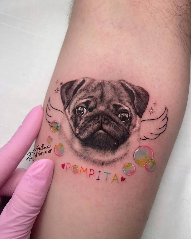 Memorial Pug portrait tattoo located on the inner forearm.
