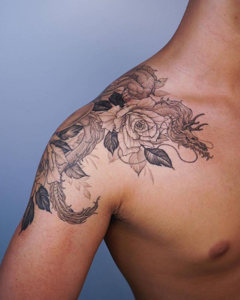 Roses tattoo located on the shoulder, fully healed.