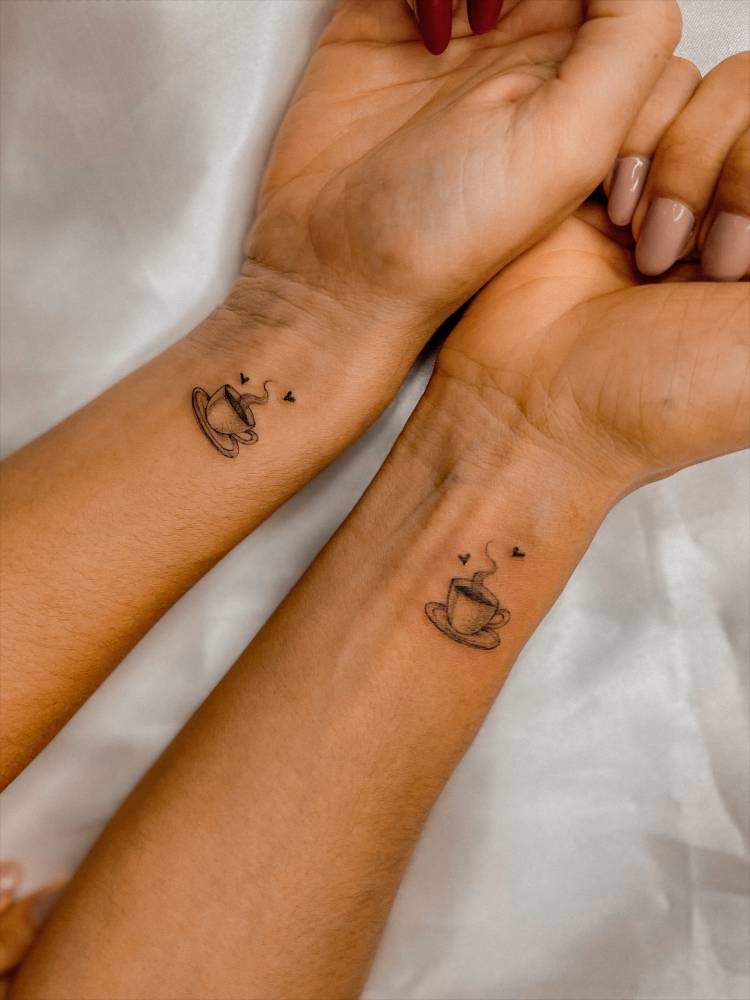 Matching coffee cup tattoo for best friends, illustrative style.