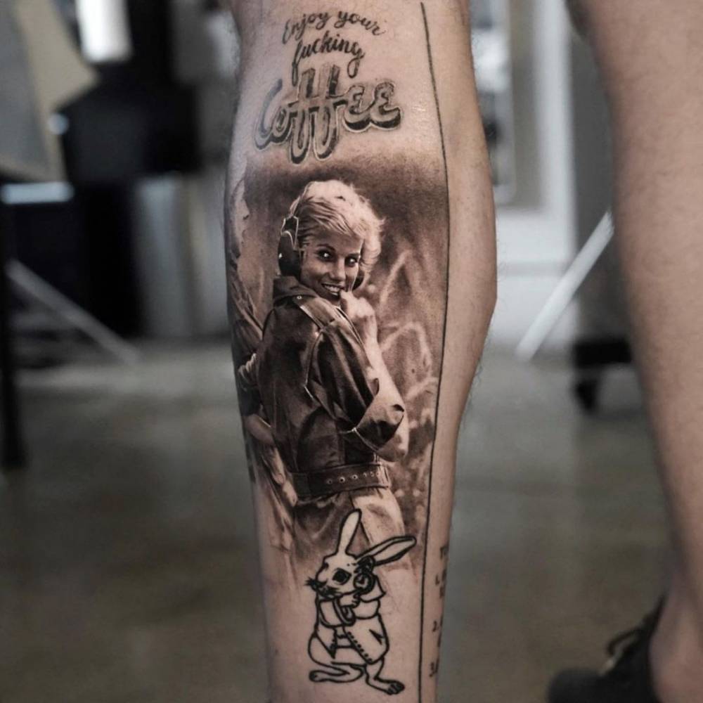 Micro-realistic Princess Diana portrait tattoo on the calf,