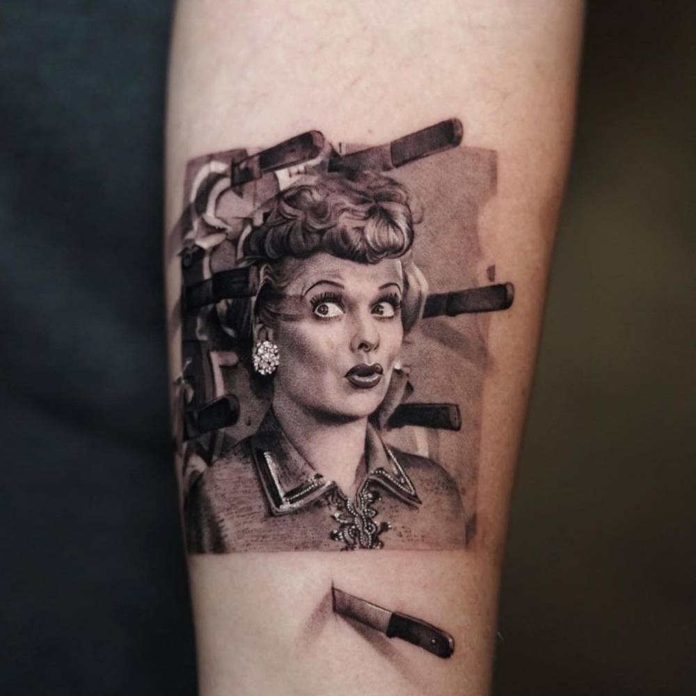 Lucille Ball as Lucy tattooed on the inner forearm.