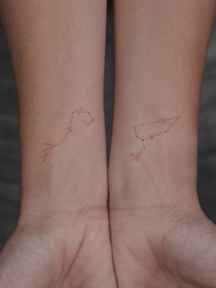 Scorpius and Leo constellations tattooed on the wrist, minimalistic style.