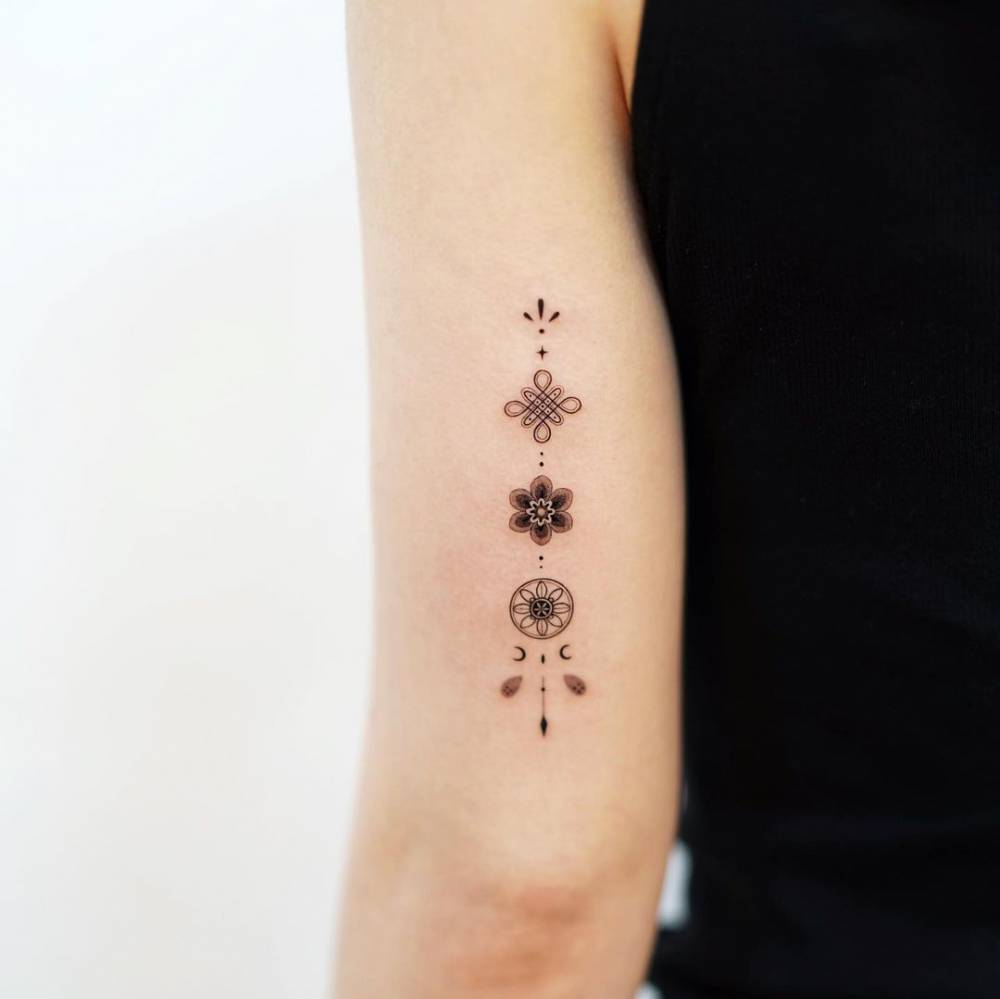 Norigae tattoo located on the tricep.