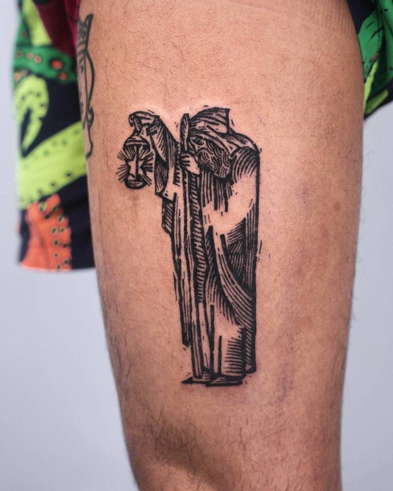 Tattoo inspired on 'The Hermit' tarot card, done in engraving style.