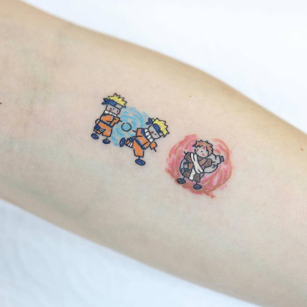 Cartoon style Naruto tattoo located on the inner forearm.