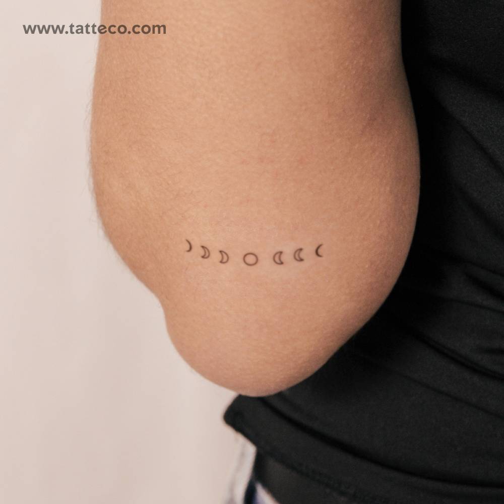 Minimalistic style moon phases outline semi-permanent tattoo.