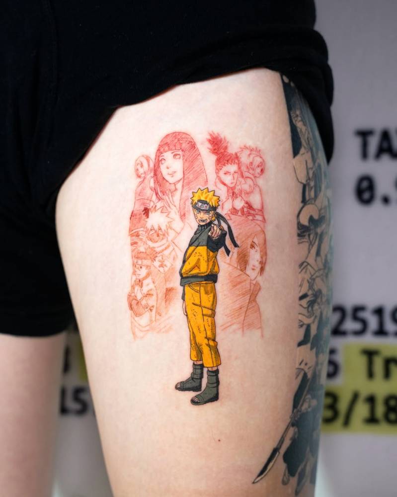 Naruto tattoo in cartoon style placed on the thigh.
