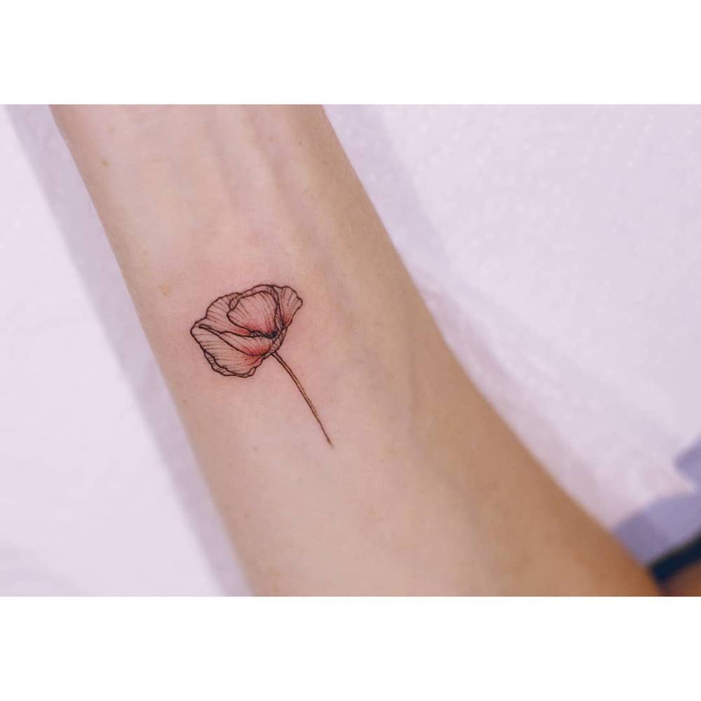 Little poppy flower tattoo located on the wrist, done in illustrative style.