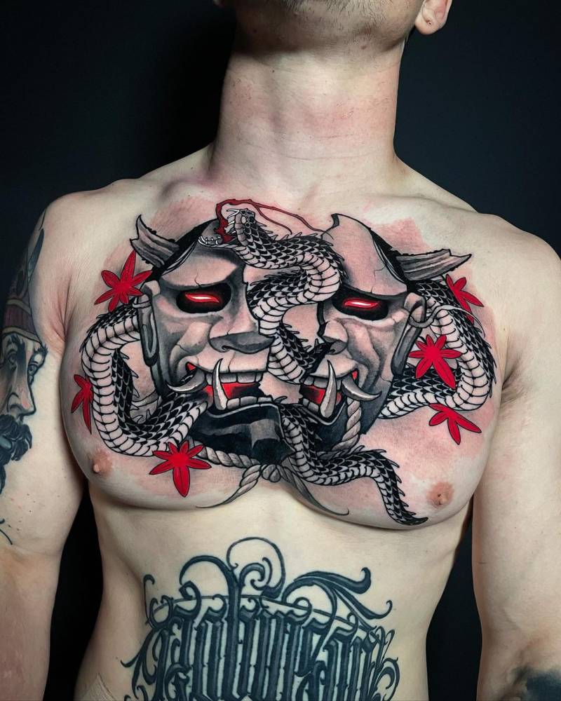 Hannya mask and snake tattoo located on the chest, neotraditional style.