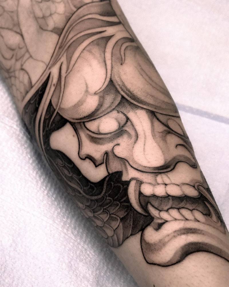 Hannya tattoo located on the forearm.