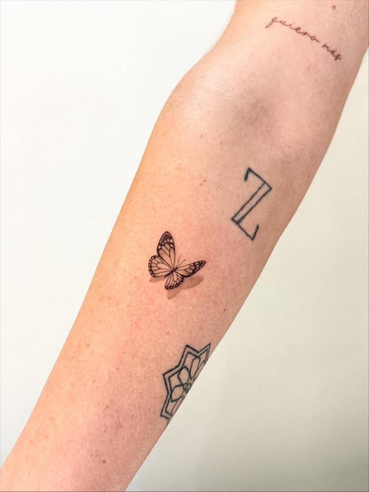 Illustrative style 3d butterfly tattoo placed on the forearm.