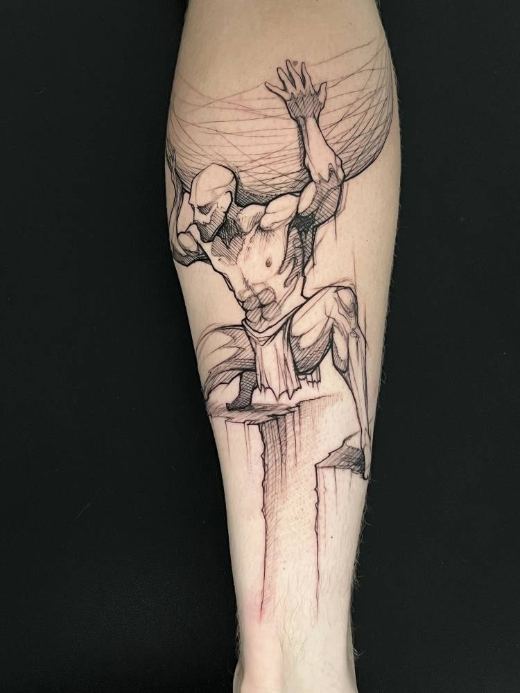 Sketch work style Atlas tattoo located on the calf.