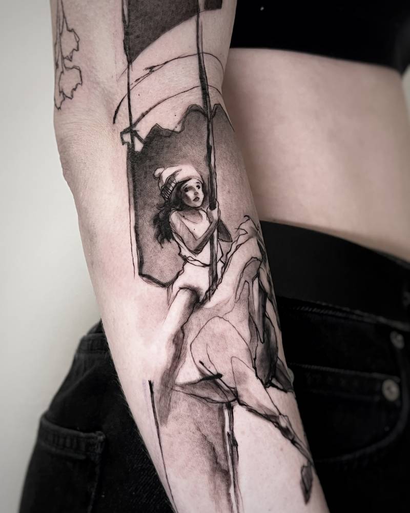 Sketch work style girl on a carousel tattooed on the forearm.
