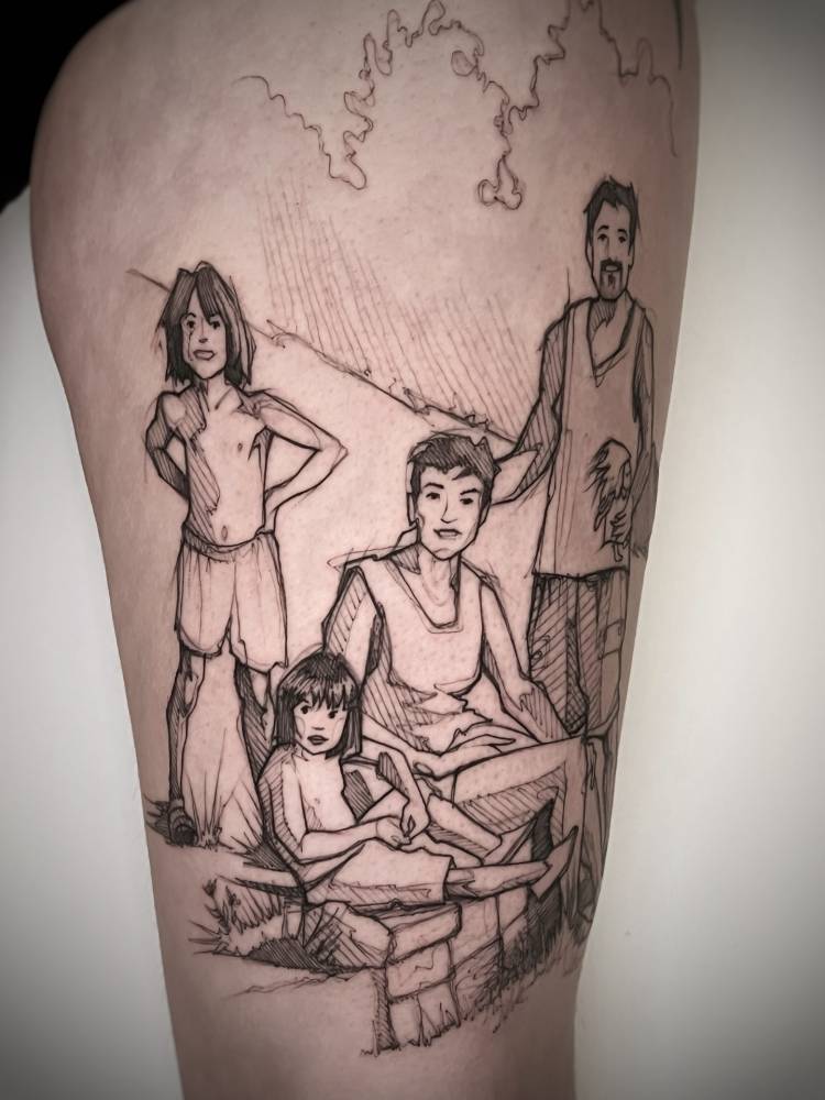 Family portrait tattoo in sketch work style done on the thigh.