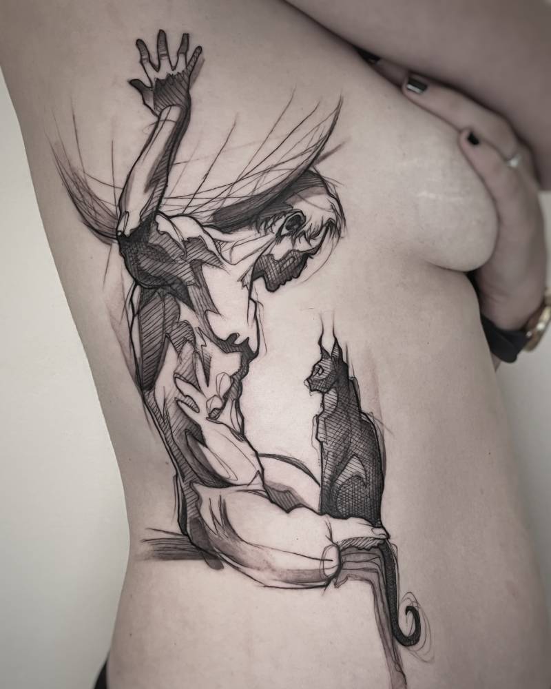 Atlas and black cat tattoo in sketch work style done on the rib.