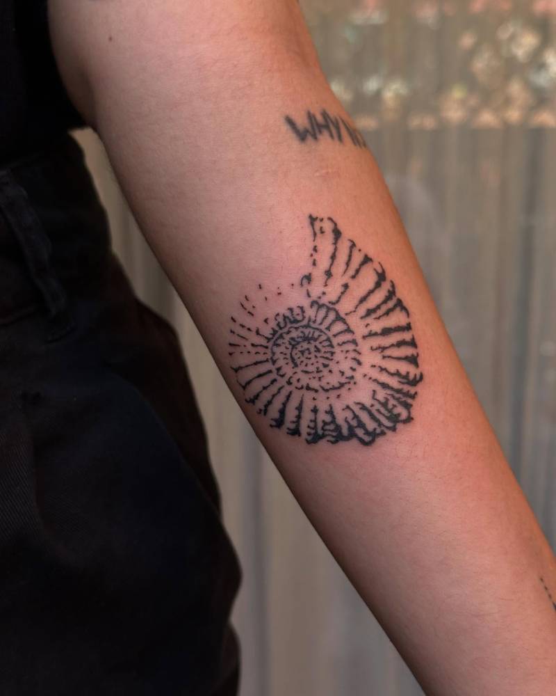 Ammonite tattoo located on the inner forearm, blackwork style.