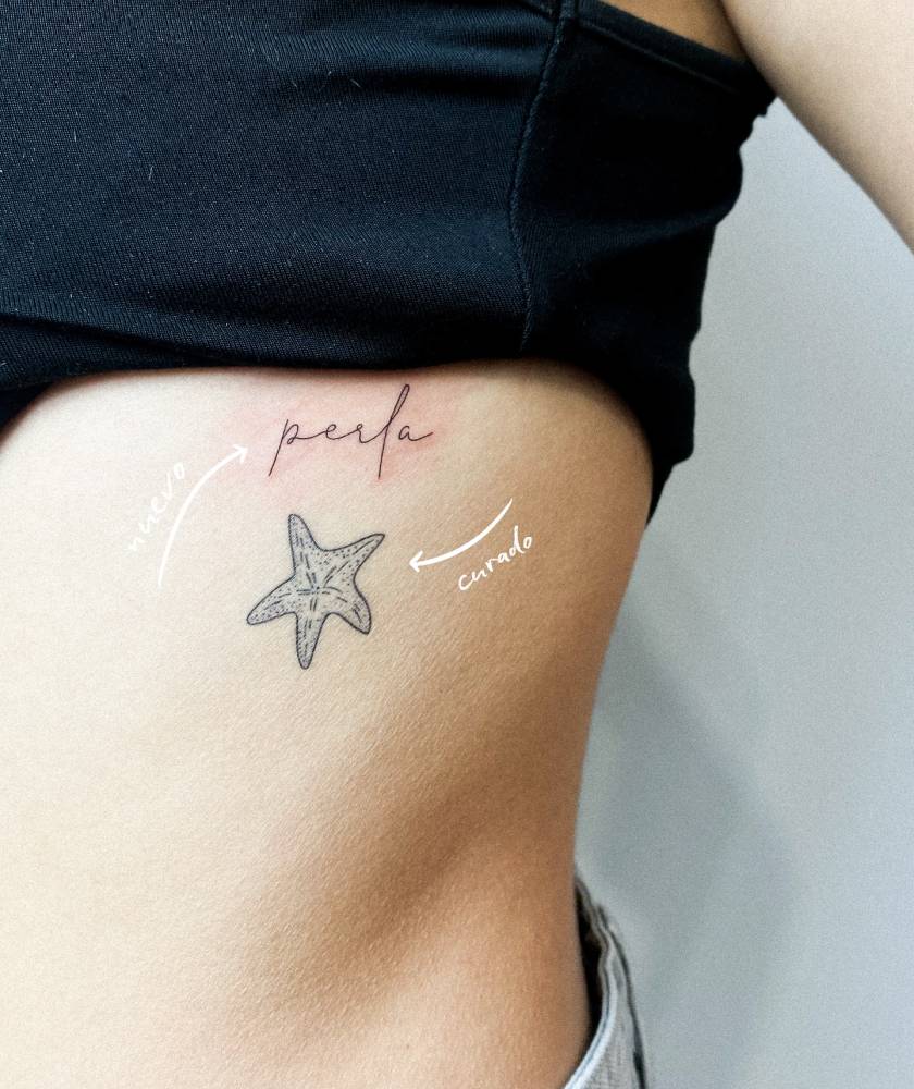 Fresh name "Perla" and healed starfish tattoos.