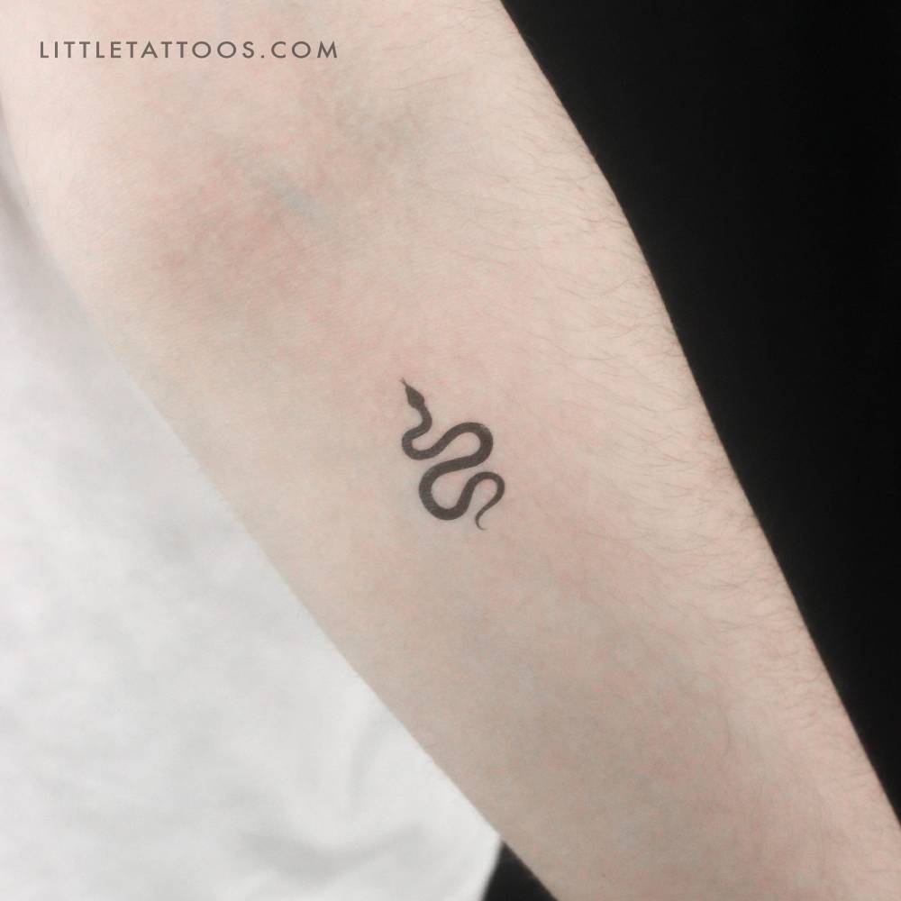 Small minimalistic black snake temporary tattoo located on the inner forearm.